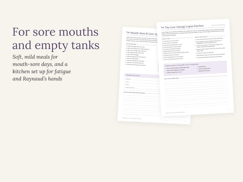 May include: Two white printed pages titled The Low-Energy Lupus Kitchen and Mouth-Sore & Low-Appetite. The text reads For sore mouths and empty tanks, Soft, mild meals for mouth-sore days, and a kitchen set up for fatigue and Raynaud's hands.