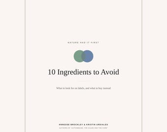 Puede incluir: Un documento informativo blanco titulado 10 Ingredients to Avoid, con el texto Nature Had It First, un gráfico de círculos superpuestos verde y azul, y el subtítulo What to look for on labels, and what to buy instead por Annesse Brockley & Kristin Urdiales.