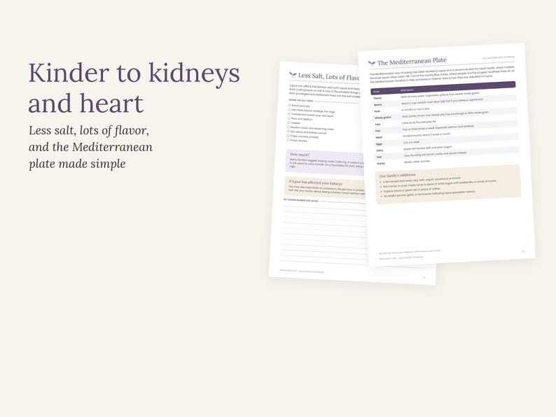 May include: Two informational sheets titled Kinder to kidneys and heart, Less Salt, Lots of Flavor, and The Mediterranean Plate. The documents feature lists, tables, and lined sections for notes, printed in dark purple and beige on white paper.