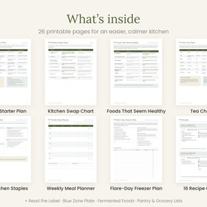 May include: A set of 26 printable kitchen planning pages featuring the text What's inside and 26 printable pages for an easier, calmer kitchen. The pages include a 7-Day Starter Plan, Kitchen Swap Chart, Foods That Seem Healthy, Tea Chart, Our Kitchen Staples, Weekly Meal Planner, Flare-Day Freezer Plan, and 16 Recipe Cards.