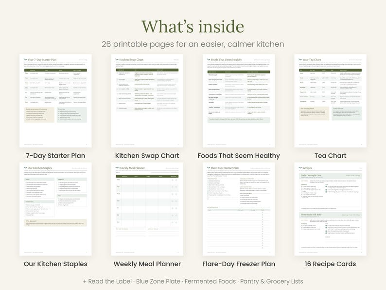May include: A set of 26 printable kitchen planning pages featuring the text What's inside and 26 printable pages for an easier, calmer kitchen. The pages include a 7-Day Starter Plan, Kitchen Swap Chart, Foods That Seem Healthy, Tea Chart, Our Kitchen Staples, Weekly Meal Planner, Flare-Day Freezer Plan, and 16 Recipe Cards.
