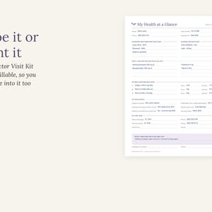 Peut inclure: Un formulaire de suivi de sant&eacute; num&eacute;rique blanc intitul&eacute; My Health at a Glance avec des sections pour les d&eacute;tails personnels, les conditions m&eacute;dicales, les m&eacute;dicaments, les sympt&ocirc;mes et les contacts des m&eacute;decins. Le texte est visible.