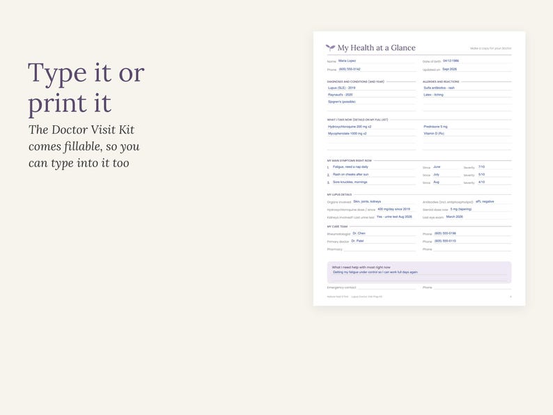 Peut inclure: Un formulaire de suivi de sant&eacute; num&eacute;rique blanc intitul&eacute; My Health at a Glance avec des sections pour les d&eacute;tails personnels, les conditions m&eacute;dicales, les m&eacute;dicaments, les sympt&ocirc;mes et les contacts des m&eacute;decins. Le texte est visible.