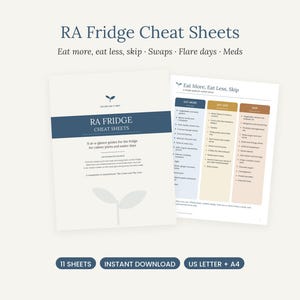 Peut inclure: Deux feuilles d'information blanches intitul&eacute;es RA Fridge Cheat Sheets avec des colonnes bleu fonc&eacute;, jaune et marron. Le texte inclut Eat More, Eat Less, Skip, Swaps, Flare days et Meds. Le bas indique 11 sheets, instant download, US letter + A4.