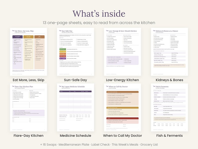 May include: A collection of thirteen informational one-page sheets titled What's inside, featuring organised text and tables for kitchen planning. The sheets include Eat More, Less, Skip, Sun-Safe Day, Low-Energy Kitchen, Kidneys & Bones, Flare-Day Kitchen, Medicine Schedule, When to Call My Doctor, and Fish & Ferments.