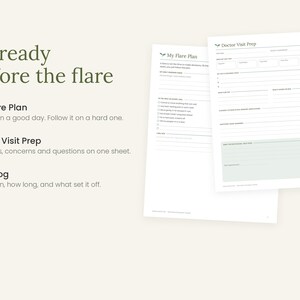 May include: Two white paper sheets titled My Flare Plan and Doctor Visit Prep with black text and lines. The text reads Be ready before the flare, My Flare Plan, Doctor Visit Prep, and Flare Log, with descriptions for each health tracking document.