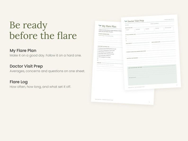 May include: Two white paper sheets titled My Flare Plan and Doctor Visit Prep with black text and lines. The text reads Be ready before the flare, My Flare Plan, Doctor Visit Prep, and Flare Log, with descriptions for each health tracking document.