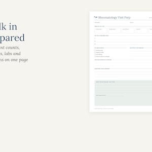 May include: A Rheumatology Visit Prep form on a white page with dark blue text. The form includes sections for date, last visit details, top concerns, medication status, lab results, and a green shaded box for doctor notes and next steps.