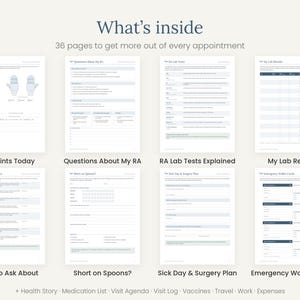 Puede incluir: Un planificador de seguimiento de salud de 36 p&aacute;ginas con hojas blancas, texto y encabezados en azul oscuro. Las secciones incluyen My Joints Today, Questions About My RA, RA Lab Tests Explained, My Lab Results, Tests to Ask About, Short on Spoons, Sick Day & Surgery Plan y Emergency Wallet Cards.