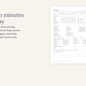 May include: A white paper health tracking sheet titled Day 1 with checkboxes and scales for monitoring fatigue, pain, and symptoms. The text reads Two minutes a day. Fatigue, pain and fog, symptoms by body system, sun, triggers and meds. Foggy day? Scores only.