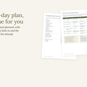 May include: A printed 7-day meal plan and grocery list document. The text reads: A 7-day plan, done for you. Every meal planned, with leftovers built in and the grocery list already written. The pages include a Starter Plan Grocery List and Your 7-Day Starter Plan with a table for daily meals and prep tasks.