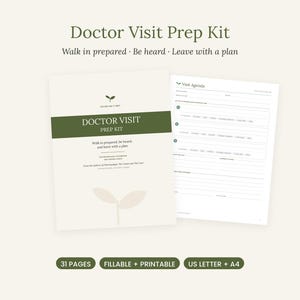 May include: A Doctor Visit Prep Kit document set featuring a cover page with the text Doctor Visit Prep Kit, Walk in prepared, Be heard, Leave with a plan, and a Visit Agenda page with fillable fields. Includes 31 pages, fillable and printable.