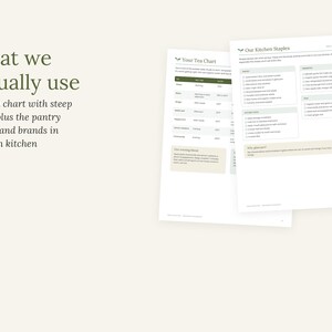 May include: Two white informational sheets titled What we actually use, Your Tea Chart, and Our Kitchen Staples. The documents feature lists, checkboxes, and tables with text detailing tea steeping times and pantry items for kitchen organisation.