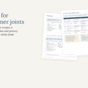 May include: A digital document titled Eat for calmer joints featuring 16 gentle recipes, a 7-day plan, and grocery lists. The pages display a weekly meal schedule, ingredient lists for salmon cakes and chicken, and daily preparation tasks.