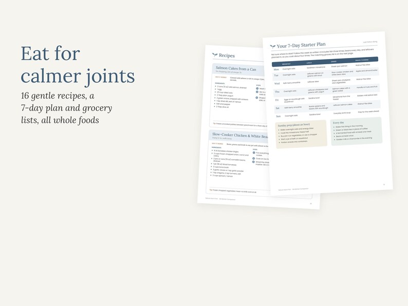 May include: A digital document titled Eat for calmer joints featuring 16 gentle recipes, a 7-day plan, and grocery lists. The pages display a weekly meal schedule, ingredient lists for salmon cakes and chicken, and daily preparation tasks.
