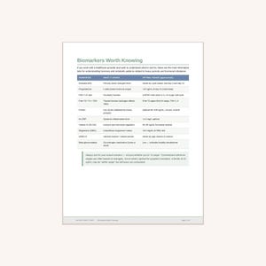 May include: A white informational document titled Biomarkers Worth Knowing. It features a table listing biomarkers like Estradiol, Progesterone, and Ferritin, with columns for what each shows and their optimal ranges in ng/mL, mg/dL, or ratios.