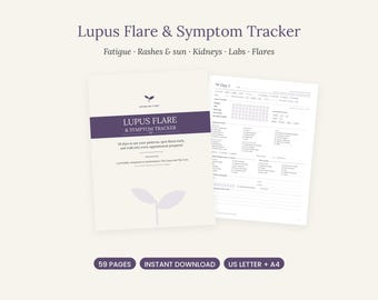 Peut inclure: Un document de suivi des poussées et symptômes du lupus avec une en-tête violette et des pages blanches. La couverture affiche le texte Lupus Flare & Symptom Tracker, 30 days to see your patterns, spot flares early, and walk into every appointment prepared. Comprend 59 pages.