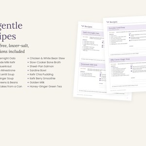 May include: A digital document titled 16 gentle recipes with garlic-free, lower-salt, and soft options. The text lists sixteen recipes including Dad's Overnight Oats and Chicken & White Bean Stew, alongside two pages of detailed recipe instructions.