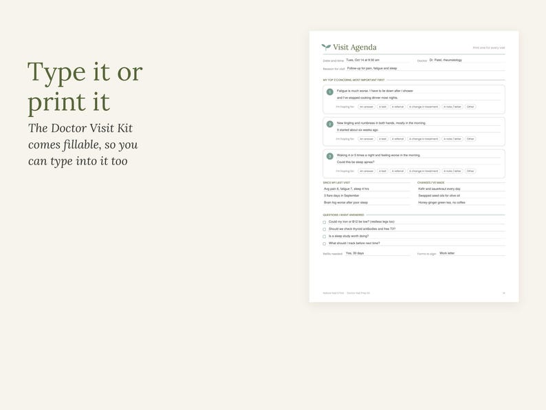 Puede incluir: Un documento digital blanco titulado Visit Agenda con secciones para fecha, m&eacute;dico y s&iacute;ntomas. El texto dice Type it or print it. The Doctor Visit Kit comes fillable, so you can type into it too. Incluye campos para preocupaciones, notas y preguntas.