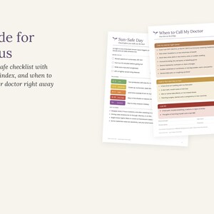 May include: Two white informational sheets titled Made for lupus, Sun-Safe Day, and When to Call My Doctor. The documents feature checklists, a colour-coded UV index chart, and medical guidance text in dark blue and black ink on a white background.
