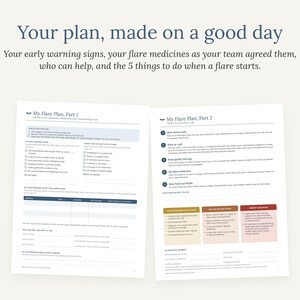 May include: Two pages of a document titled My Flare Plan, Part 1 and My Flare Plan, Part 2. The text includes Your plan, made on a good day, and lists sections for early warning signs, flare medicines, support contacts, and five steps to take.