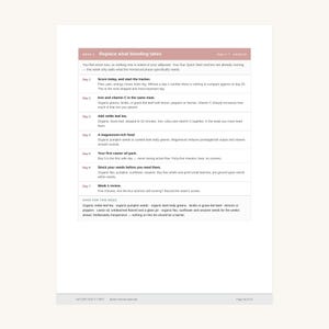 Puede incluir: Una p&aacute;gina informativa blanca titulada Week 1: Replace what bleeding takes, Days 1-7 menstrual. Enumera tareas de salud diarias del d&iacute;a 1 al 7, incluyendo sugerencias diet&eacute;ticas como hierro, vitamina C y magnesio, adem&aacute;s de una lista de compras.