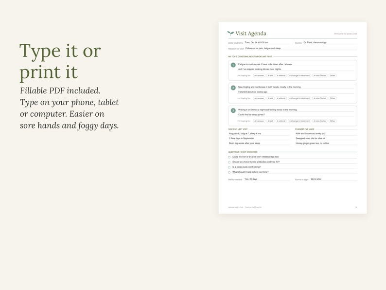 May include: A digital medical visit agenda form with a white background and dark text. The document includes sections for appointment details, health concerns, symptoms, and questions. The text reads: Type it or print it. Fillable PDF included.