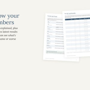 Puede incluir: Dos hojas informativas blancas tituladas Know your numbers, RA Lab Tests y My Lab Results. Los documentos presentan texto en azul oscuro, encabezados y un dise&ntilde;o de tabla para realizar un seguimiento de datos de laboratorio m&eacute;dico con columnas.