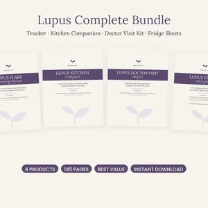 Peut inclure: Un ensemble complet Lupus comprenant quatre documents : Lupus Flare & Symptom Tracker, Lupus Kitchen Companion, Lupus Doctor Visit Prep Kit et Lupus Fridge Cheat Sheets. Chaque page pr&eacute;sente un en-t&ecirc;te violet et une petite ic&ocirc;ne de pousse.