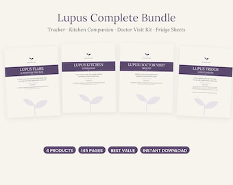 以下が含まれることがあります： Lupus Complete Bundleには、Lupus Flare & Symptom Tracker、Lupus Kitchen Companion、Lupus Doctor Visit Prep Kit、Lupus Fridge Cheat Sheetsの4つのドキュメントが含まれています。各ページには紫色のヘッダーと小さな芽のアイコンがあります。