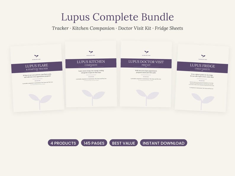 Peut inclure: Un ensemble complet Lupus comprenant quatre documents : Lupus Flare & Symptom Tracker, Lupus Kitchen Companion, Lupus Doctor Visit Prep Kit et Lupus Fridge Cheat Sheets. Chaque page pr&eacute;sente un en-t&ecirc;te violet et une petite ic&ocirc;ne de pousse.