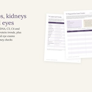 May include: Two white paper medical tracking sheets titled Lupus Lab Trends and Plaquenil Eye Exam Tracker. The text reads Labs, kidneys and eyes, Anti-dsDNA, C3, C4 and urine protein trends, plus Plaquenil eye exams and kidney checks.