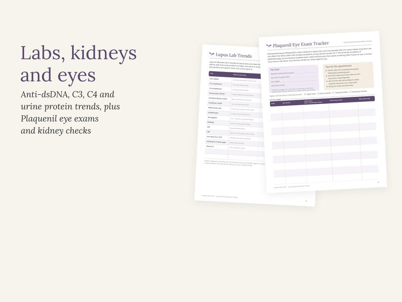 May include: Two white paper medical tracking sheets titled Lupus Lab Trends and Plaquenil Eye Exam Tracker. The text reads Labs, kidneys and eyes, Anti-dsDNA, C3, C4 and urine protein trends, plus Plaquenil eye exams and kidney checks.