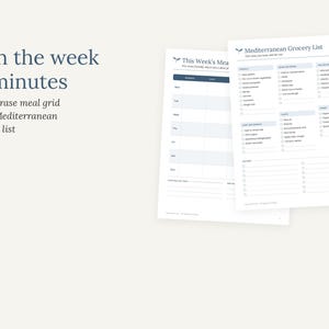 Peut inclure: Deux feuilles de papier blanches pr&eacute;sentant une grille de repas effa&ccedil;able intitul&eacute;e This Week's Meal et une liste de courses m&eacute;diterran&eacute;enne avec des cases &agrave; cocher. Le texte Plan the week in minutes et A dry-erase meal grid est visible.