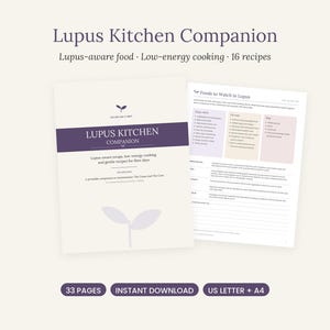 May include: A digital document titled Lupus Kitchen Companion featuring a purple header, a sprout icon, and text detailing low-energy cooking and 16 recipes. The document includes a page titled Foods to Watch in Lupus and notes 33 pages total.