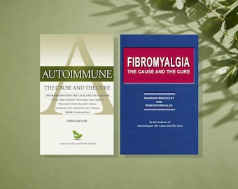 May include: Two books side by side. The left book is cream-colored with the title Autoimmune: The Cause and The Cure, Third Edition, by Annesse Brockley and Kristin Urdiales. The right book is blue with the title Fibromyalgia: The Cause and The Cure.