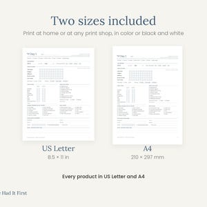 May include: Two printable planner pages labeled Day 1, one in US Letter 8.5 x 11 in and one in A4 210 x 297 mm format. The documents feature sections for tracking daily activities, habits, and notes with checkboxes and lines in black ink.