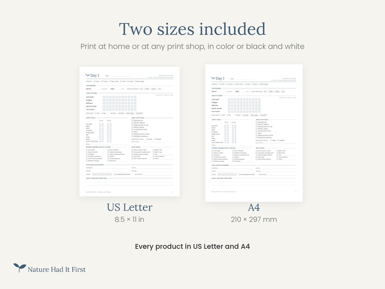 May include: Two printable planner pages labeled Day 1, one in US Letter 8.5 x 11 in and one in A4 210 x 297 mm format. The documents feature sections for tracking daily activities, habits, and notes with checkboxes and lines in black ink.