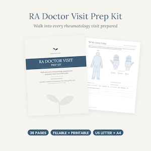 Puede incluir: Un kit de preparaci&oacute;n de 36 p&aacute;ginas para visitas m&eacute;dicas RA en formatos US Letter y A4. Incluye una portada con el t&iacute;tulo RA Doctor Visit Prep Kit y una p&aacute;gina titulada My Joints Today, que muestra diagramas de un cuerpo humano y manos.