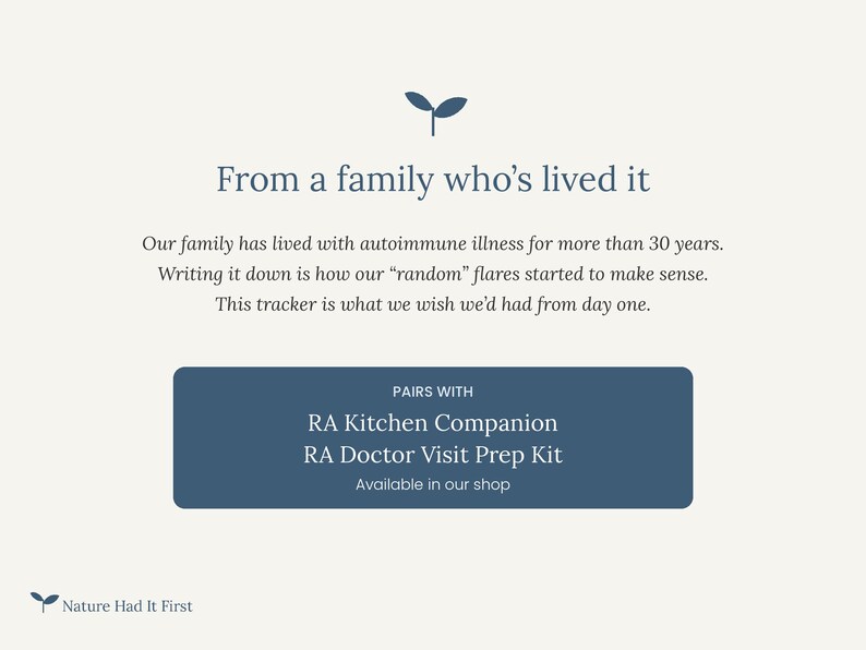 May include: A cream-coloured informational graphic featuring a dark blue sprout icon and text that reads: From a family who's lived it. Our family has lived with autoimmune illness for more than 30 years. Writing it down is how our random flares started to make sense. This tracker is what we wish we'd had from day one. A dark blue box lists: PAIRS WITH RA Kitchen Companion RA Doctor Visit Prep Kit. Available in our shop. Nature Had It First.