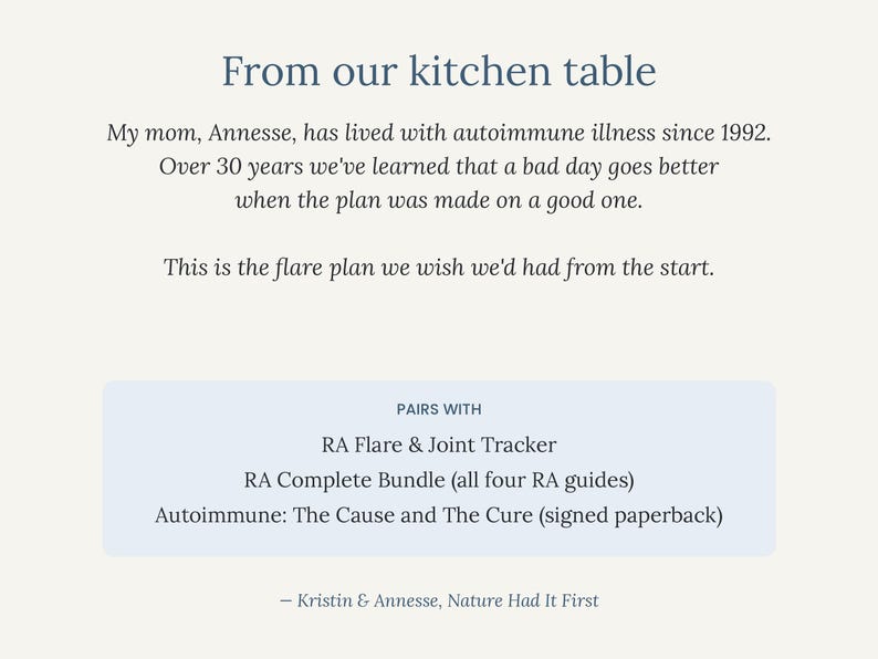 May include: A document with the heading From our kitchen table, detailing a flare plan for autoimmune illness. It lists pairs with the RA Flare & Joint Tracker, RA Complete Bundle, and Autoimmune: The Cause and The Cure signed paperback.