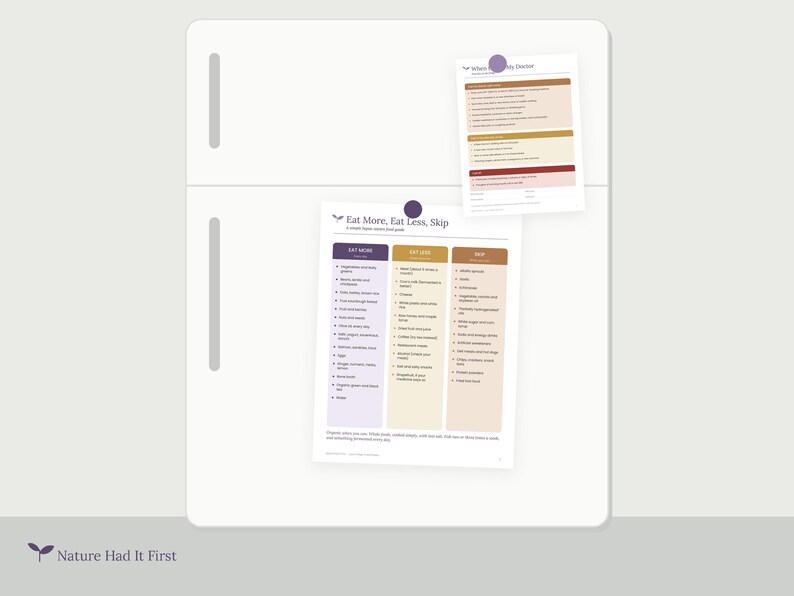 May include: Two white rectangular paper charts attached to a white refrigerator with purple circular magnets. The larger chart is titled Eat More, Eat Less, Skip and features three colour-coded columns listing various food items for dietary guidance.