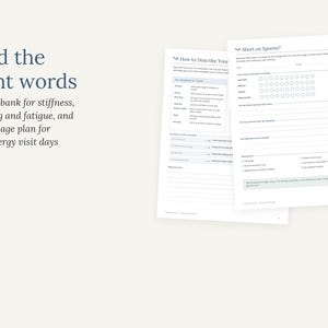 Puede incluir: Dos p&aacute;ginas impresas en blanco con el texto Find the right words, A word bank for stiffness, swelling and fatigue, y a one-page plan for low-energy visit days. Los documentos incluyen secciones tituladas How to Describe Your y Short on Spoons.
