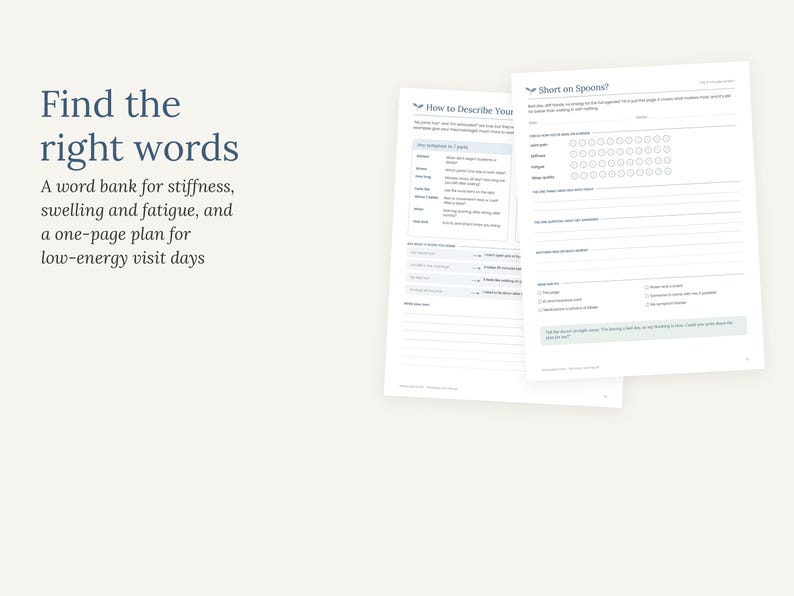 Puede incluir: Dos p&aacute;ginas impresas en blanco con el texto Find the right words, A word bank for stiffness, swelling and fatigue, y a one-page plan for low-energy visit days. Los documentos incluyen secciones tituladas How to Describe Your y Short on Spoons.