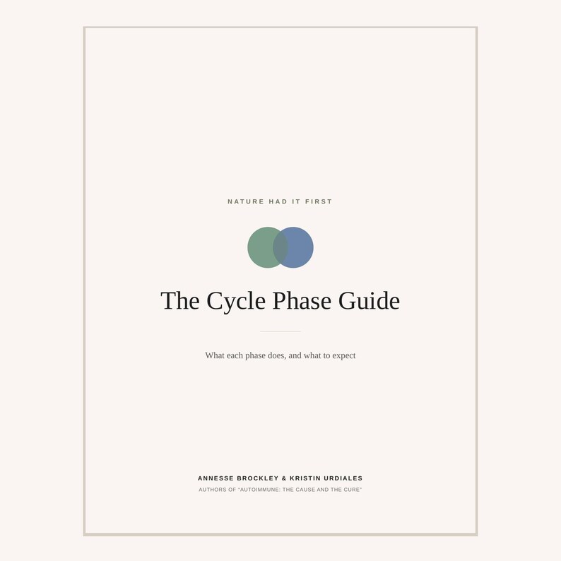 以下が含まれることがあります： クリーム色の背景に、Nature Had It First、The Cycle Phase Guide、What each phase does, and what to expect、そしてAnnesse Brockley & Kristin Urdiales, Authors of Autoimmune: The Cause and The Cureというテキストが記載されたブックカバー。
