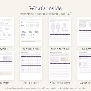 May include: A collection of 59 printable pages for lupus tracking, featuring layouts titled Daily Page, 60-Second Page, Rash & Body Map, Sun & UV Plan, Kidney Watch, Flare Detective, Plaquenil Eye Exams, and Lupus Lab Trends with purple accents.