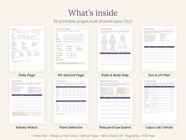 May include: A collection of 59 printable pages for lupus tracking, featuring layouts titled Daily Page, 60-Second Page, Rash & Body Map, Sun & UV Plan, Kidney Watch, Flare Detective, Plaquenil Eye Exams, and Lupus Lab Trends with purple accents.