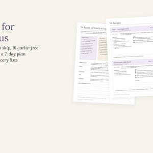 Peut inclure: Un guide num&eacute;rique intitul&eacute; Eat for lupus comprenant des aliments &agrave; &eacute;viter, 16 recettes sans ail, un plan sur 7 jours et des listes de courses. Le document pr&eacute;sente des tableaux sur les aliments &agrave; surveiller et des fiches recettes d&eacute;taill&eacute;es.