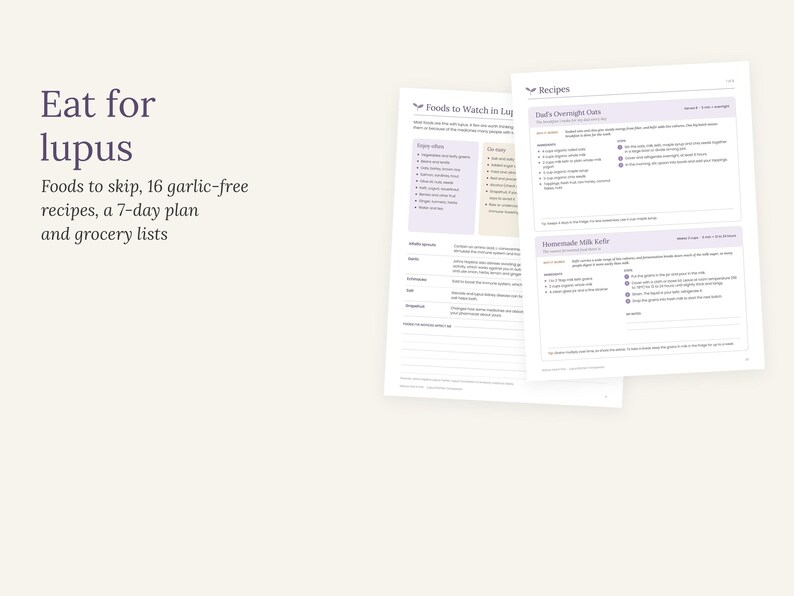 Peut inclure: Un guide num&eacute;rique intitul&eacute; Eat for lupus comprenant des aliments &agrave; &eacute;viter, 16 recettes sans ail, un plan sur 7 jours et des listes de courses. Le document pr&eacute;sente des tableaux sur les aliments &agrave; surveiller et des fiches recettes d&eacute;taill&eacute;es.