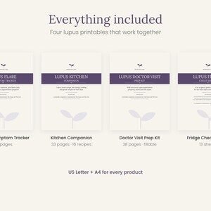 Peut inclure: Quatre documents imprimables pour la gestion du lupus intitul&eacute;s Everything included. L'ensemble comprend un Lupus Flare & Symptom Tracker, Lupus Kitchen Companion, Lupus Doctor Visit Prep Kit et Lupus Fridge Cheat Sheets, disponibles en formats US Letter et A4.